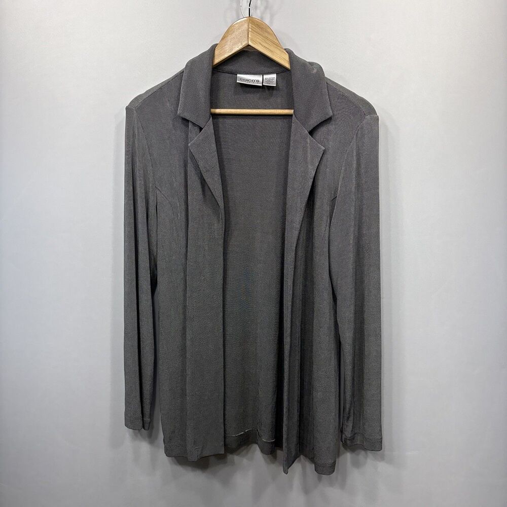 Chicos Sz 1 Travelers Gray Slinky Knit Open Front Cardigan Womens M Minimalist